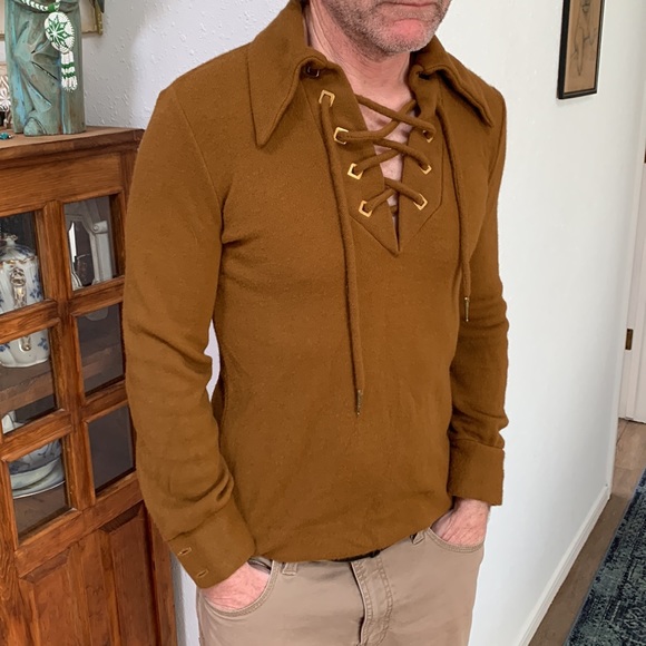 Men’s Vintage Hippie Shirt w/ big Lapels - Woodstock Era - Lace Up. - Picture 4 of 17